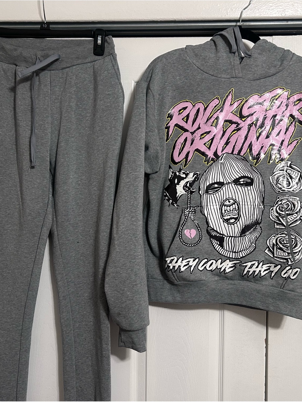 Gray Graphic Hoodie & Jogger Set with Pink Accents